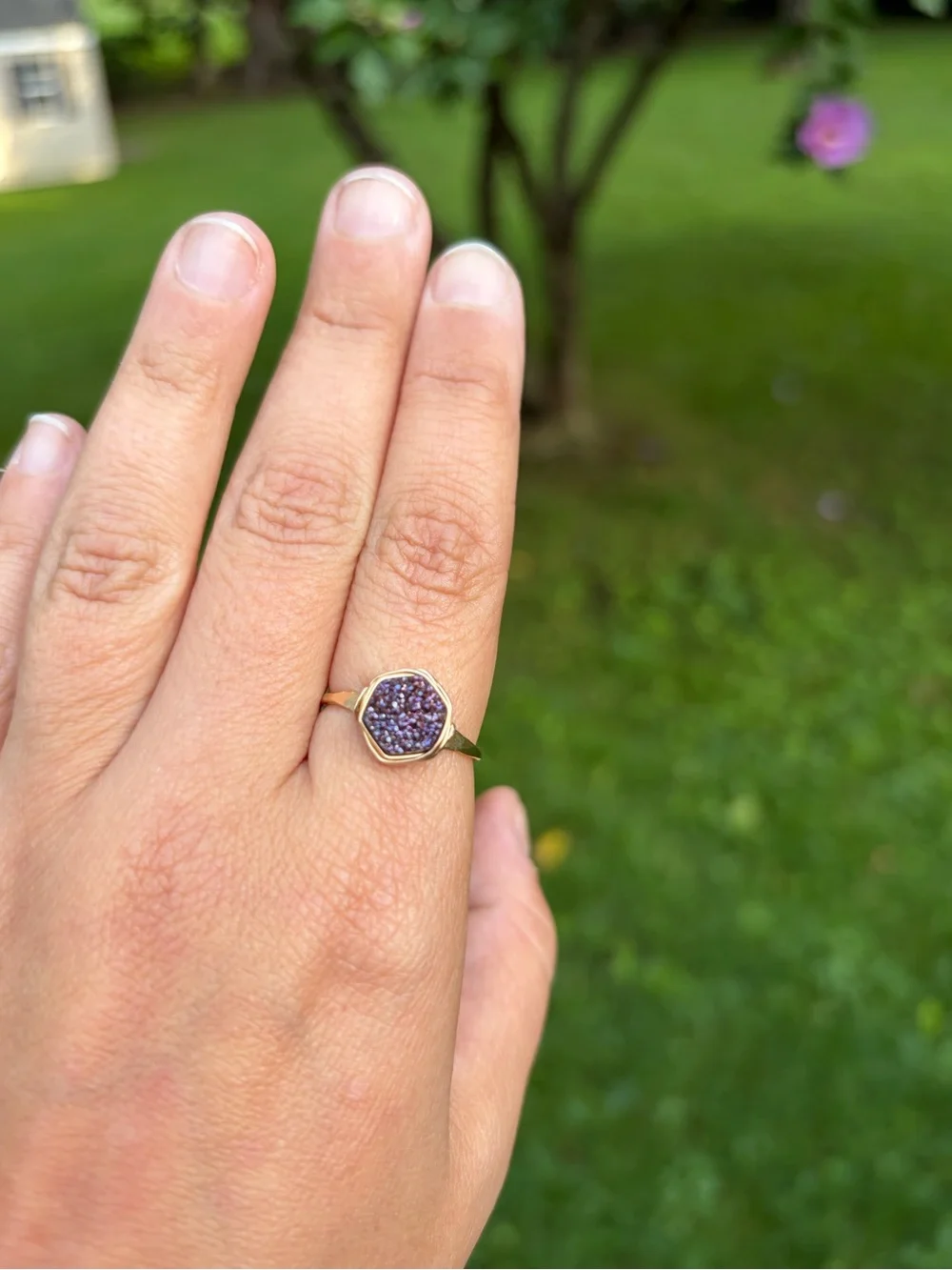 Rare: 14K Gold Fill Bezel Wrapped Hexagon Purple Druzy Ring, Size 7